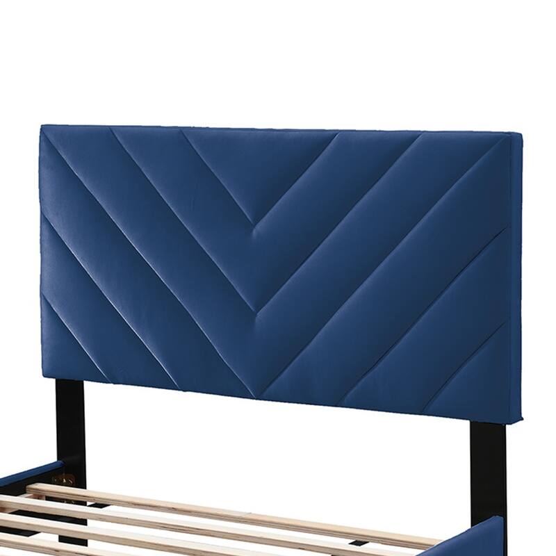 Velvet Upholstered Adjustable Headboard Twin Bed with V-stitching Design