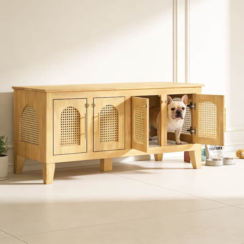 Christopher Knight Home - 47"W Rubber Wood Dog Crate Cabinet with Rattan Doors & Storage
