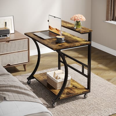 C-Shaped End Table with Wheels, Mobile Couch Snack C Side Table