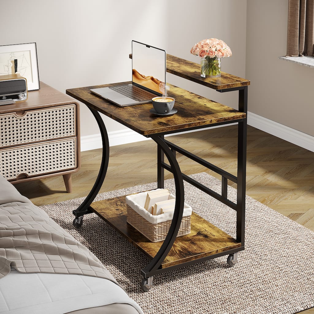 C-Shaped End Table with Wheels, Mobile Couch Snack C Side Table