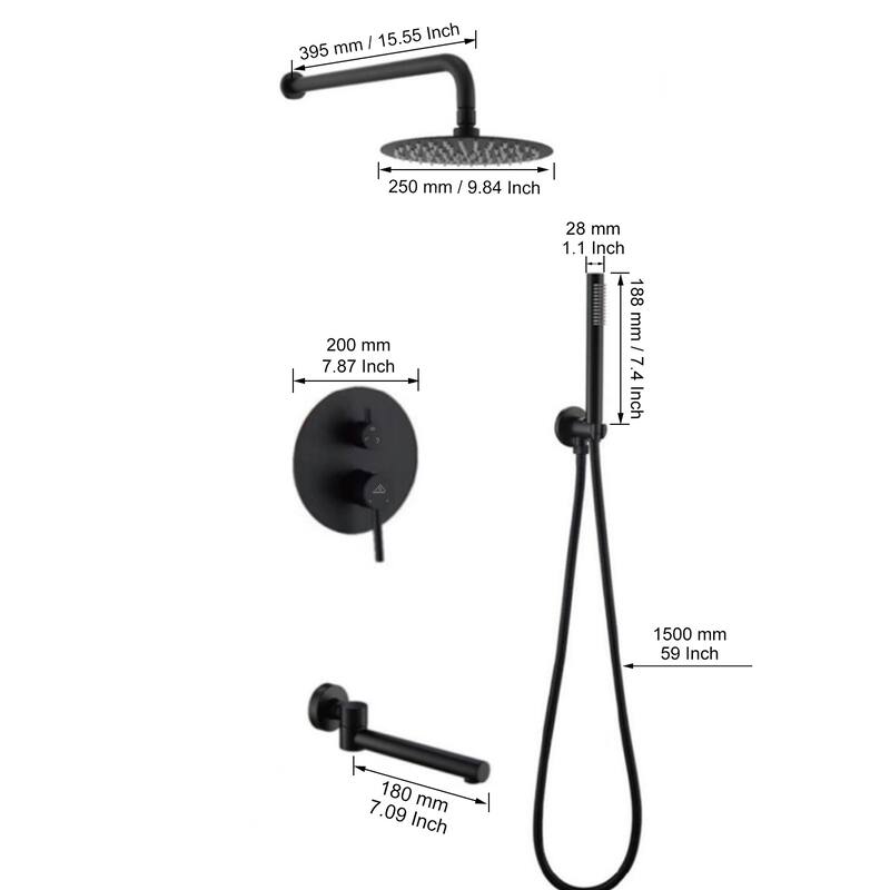 1-Spray Pattern 10-inch Round Wall Mount Shower System with Tub Faucet