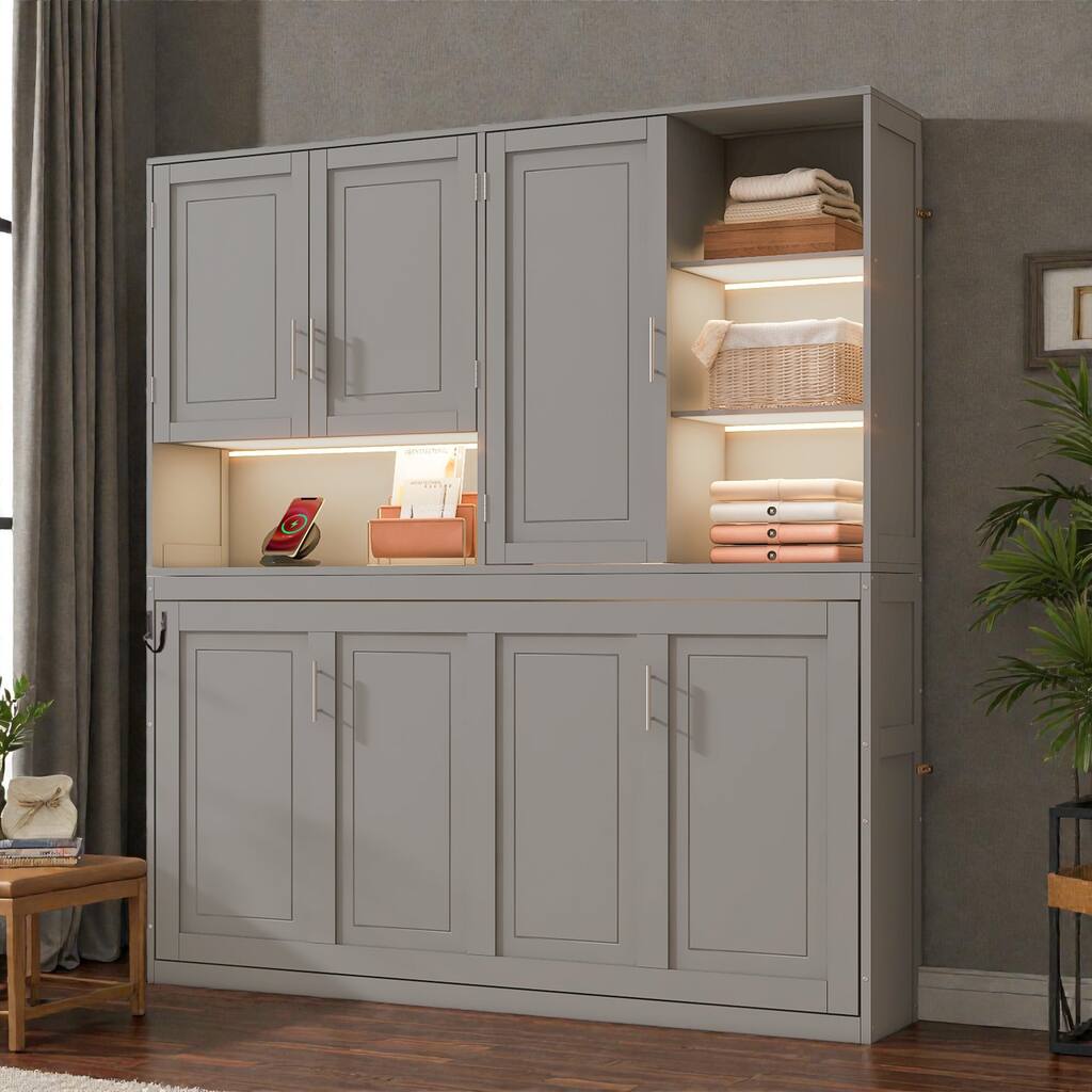 Twin Size Wall Murphy Bed with Top Cabinet, Shelves, Foldable Space-Saving Bed with Light & USB Charging Port