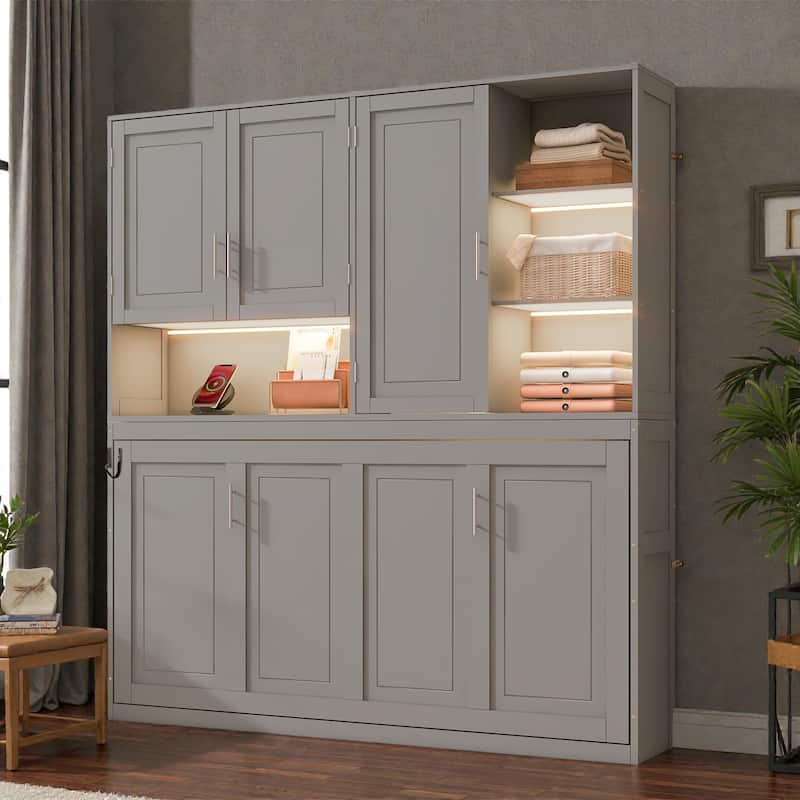 Twin Size Wall Murphy Bed with Top Cabinet, Shelves, Foldable Space-Saving Bed with Light & USB Charging Port - Grey - Twin