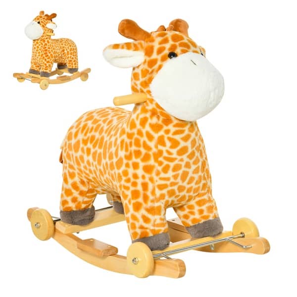 slide 2 of 5, 2-in-1 Kids Giraffe-shaped Plush Ride-On Rocking Horse Toy for Children 3 to 6 Years Yellow