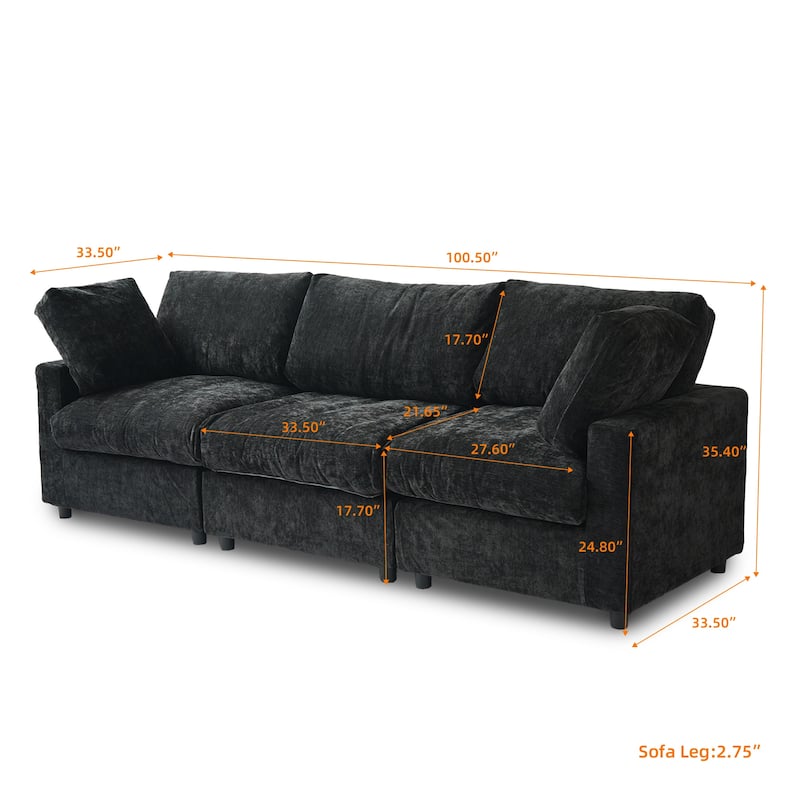 Minimalist 3-Seater Sofa Chenille Upholstered Modular Sectional Couch Removable Cover, Spring Cushions, Solid Wood Frame