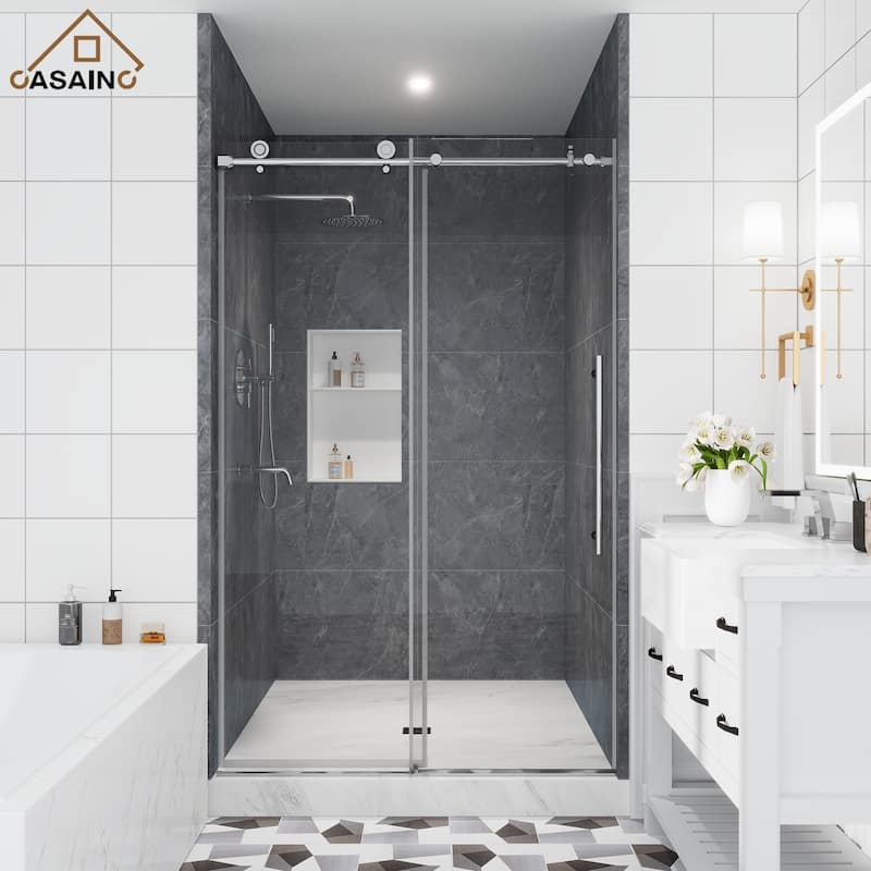 CASAINC 48 or 60 in. W x 76 in. H Single Sliding Frameless Shower Door - 48" x 76" - Chromed