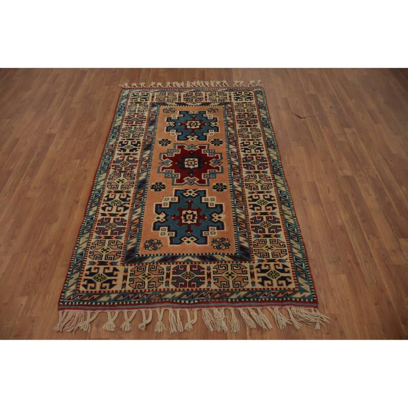 Hand Knotted Oriental 100% Wool Carpet Transitional Geometric Oranges & Rust Anatolian Area Rug - 6' 7'' X 3' 11''