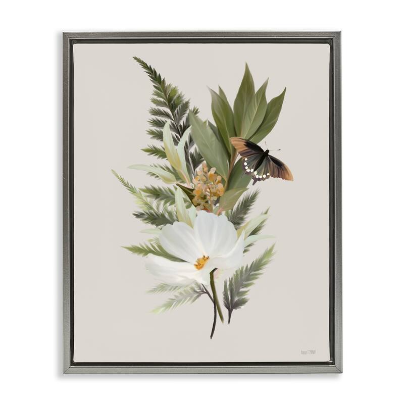 Stupell Flower Sprigs & Butterfly Framed Floater Canvas Wall Art Design By House Fenway - 25 x 31 - Grey
