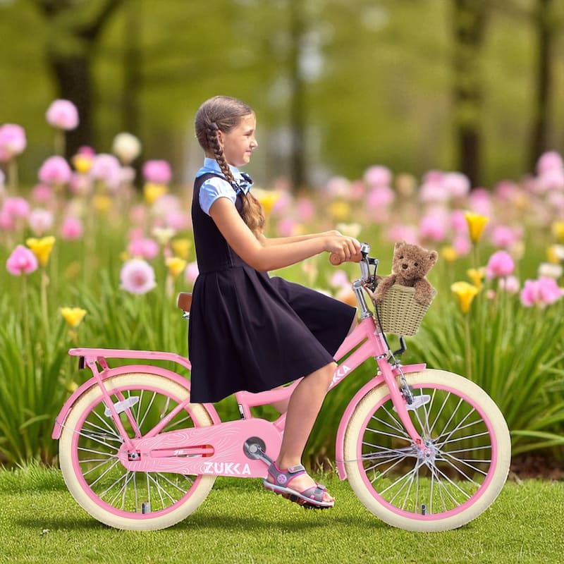 20 Inch Girls Bike with Basket, Single Speed Steel Frame, Front V-Brake & Rear Coaster Brake, Ages 7-10