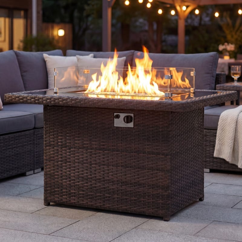 43" Wicker Outdoor Propane Fire Pit Table, 60,000 BTU, Wind Guard - Brown