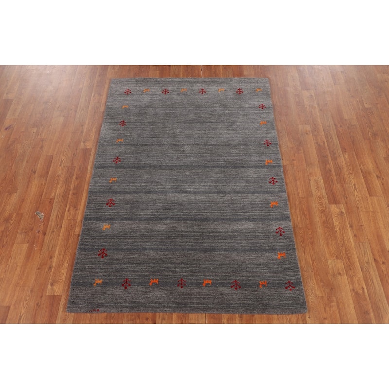 Little Animals Gabbeh Indian Accent Rug Hand-Knotted Wool Carpet - 4'0" x 5'10"