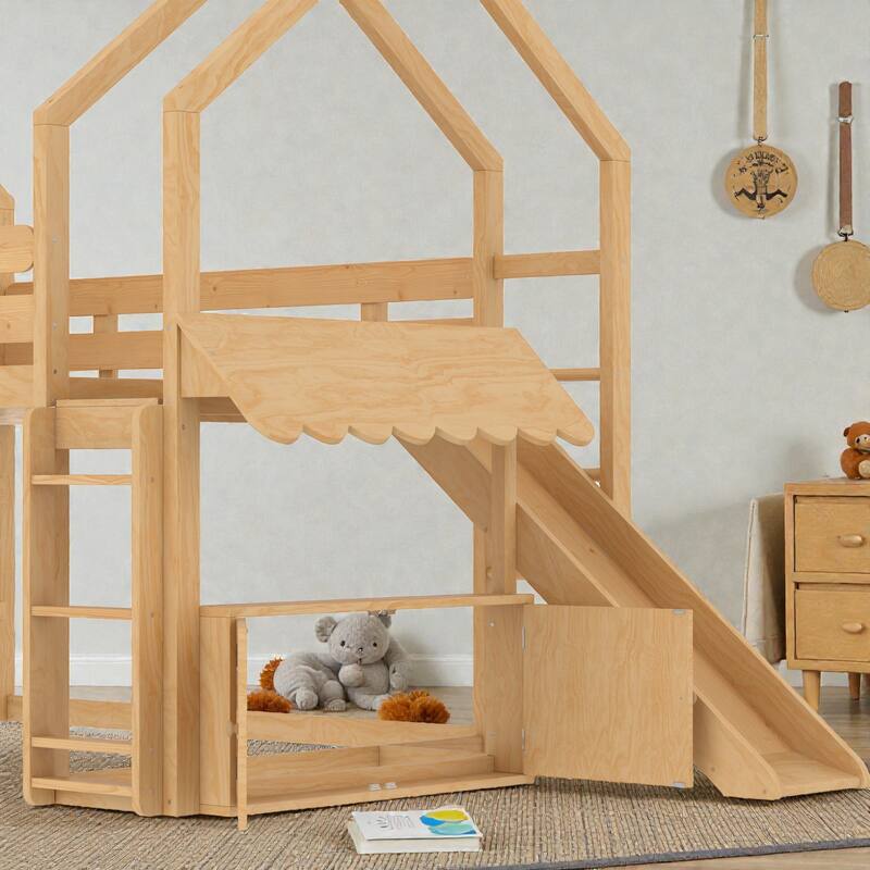 Full Size Kids Loft Bed with Bookshelf and Slide, House-Shaped Play Bed with Stairs, Safety Guardrails