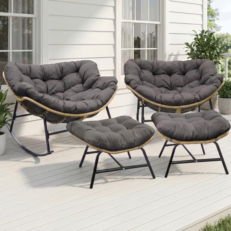 Oversized Indoor Outdoor Royal Papasan Rocking Chair, Patio Egg Rocker with Cushions, 450 lb Capacity