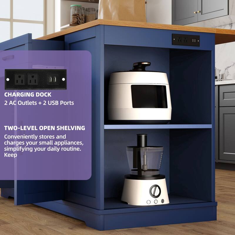 Moasis 50" Kitchen Island with Power Outlet & Drop Leaf,Rolling Island Cart with Trash Can Cabinet