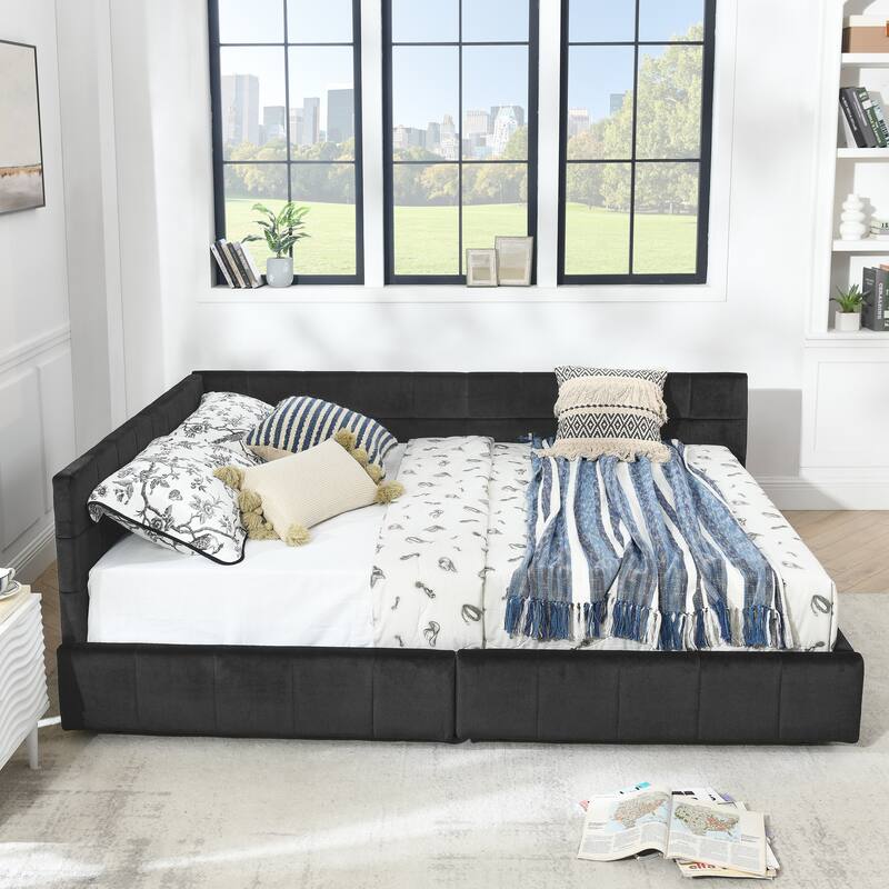 L-shaped Velvet Upholstered Daybed Tufted Sofa Bed with Soft Backrest Armrests - and Optional Corner Storage Day Bed