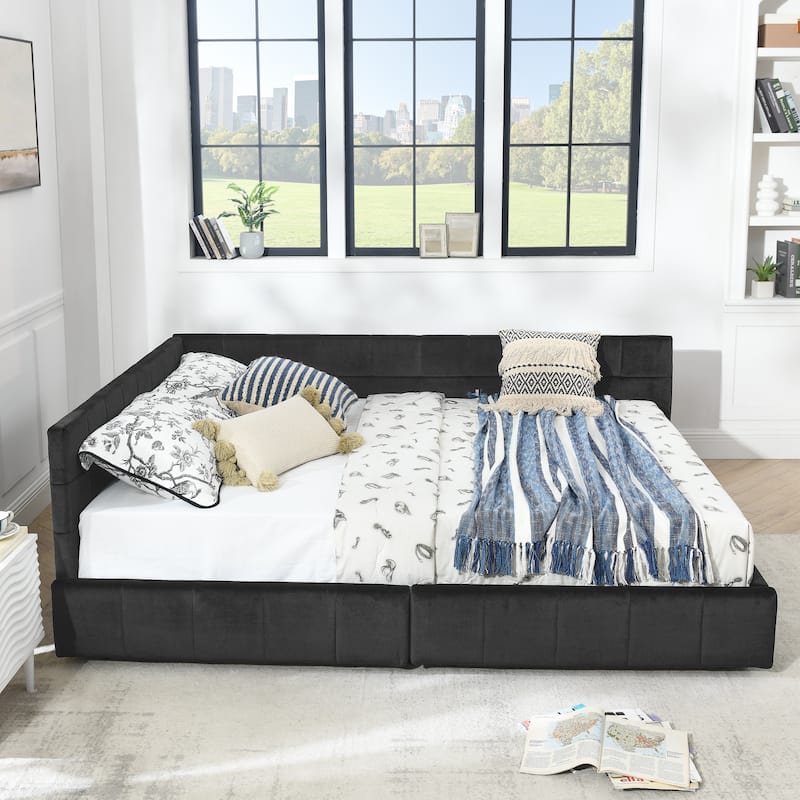 Mid-Century Queen Velvet Daybed with Storage Drawers, Tufted Upholstered Sofa Bed Frame with Backrest & Armrest