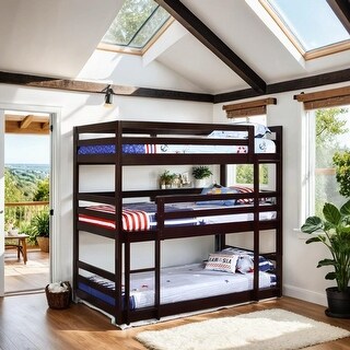 Solid Pine Triple Bunk Bed with Sleek Design & Built-In Ladders, Espresso