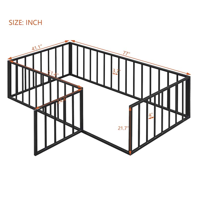 Full Size Metal Floor Bed Frame with Fence and Door, Black Bed Bath