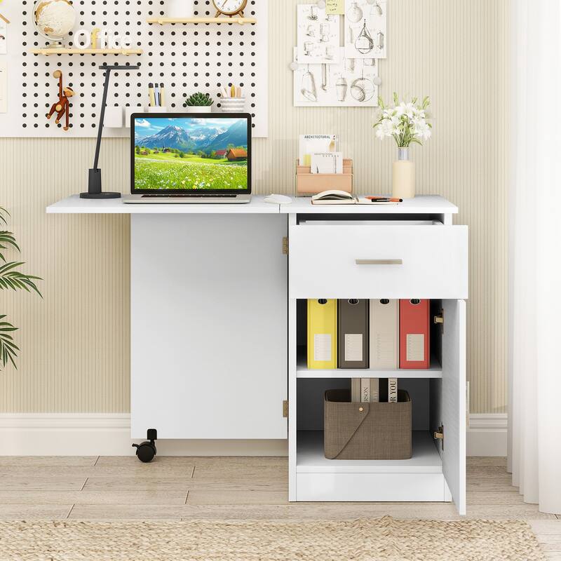 MDF Folding Computer Desk with Storage Cabinet, Drawer and Wheels
