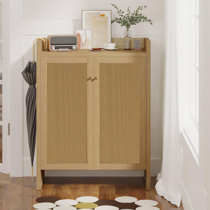 Anmytek Walnut Rattan Shoe Cabinet with Doors and 6 Tier Adjustable Shelves Wooden Entryway Shoe Organizer