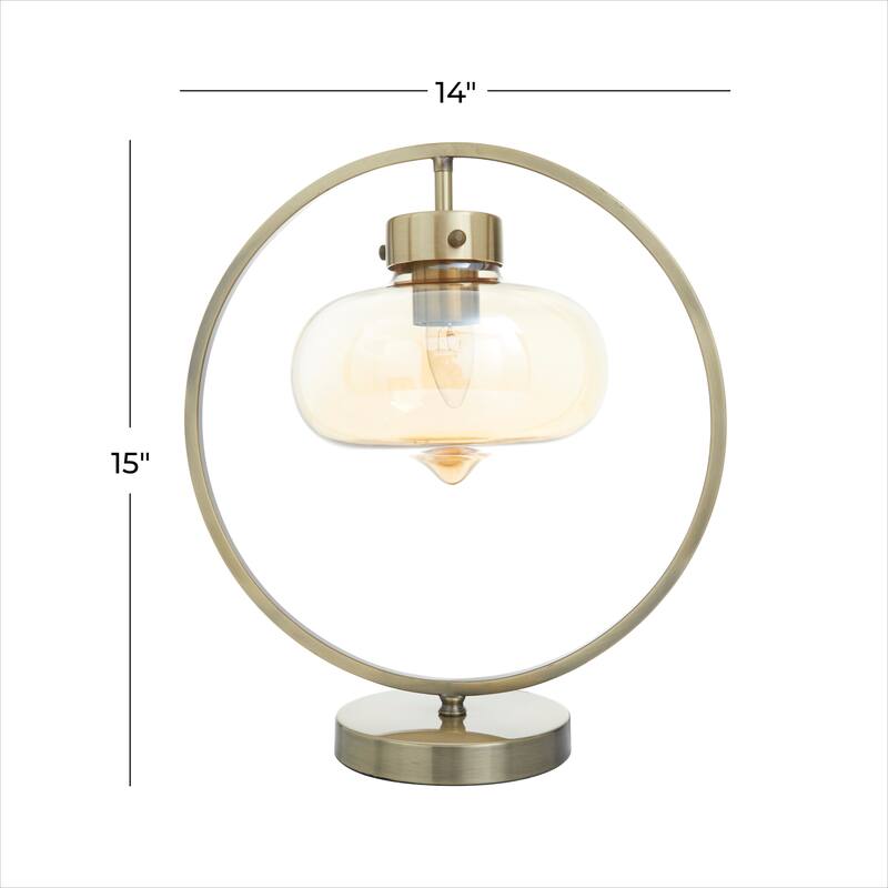 Gold Metal Circular Framed Accent Lamp with Hanging Glass Shade