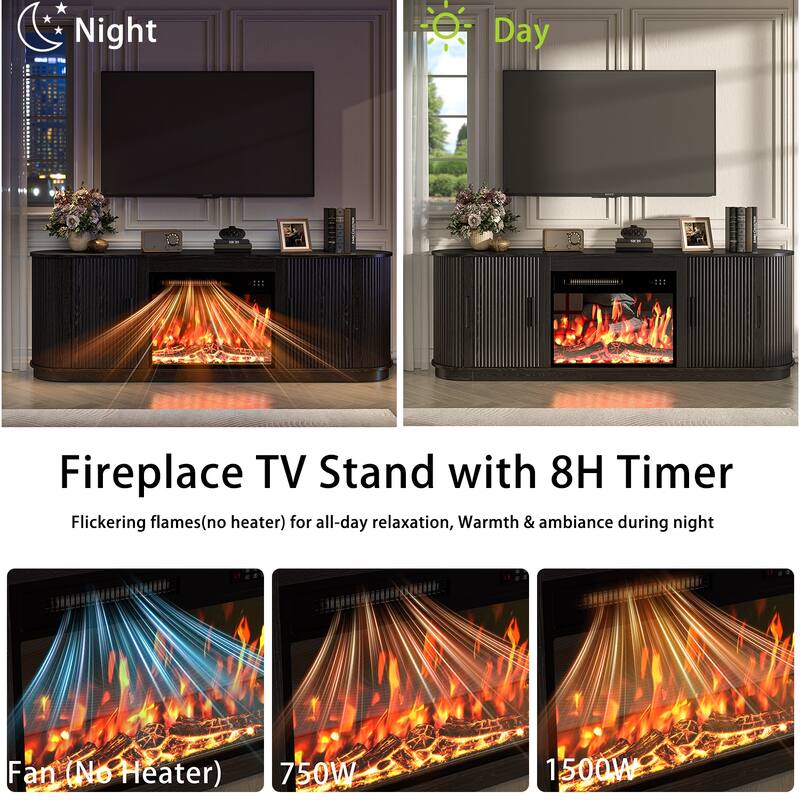 BOSSIN 70" Electric Fireplace TV Stand with Fluted Design, Curved Edges, 7 Flame Colors & 8H Timer, Holds Up to 80" TV, Black