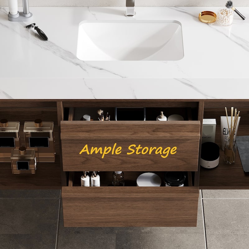 48"Mid Century Modern Wall-Mounted Bathroom Vanities,Single Sink,Brown Wood Texture with Sintered Stone Table top