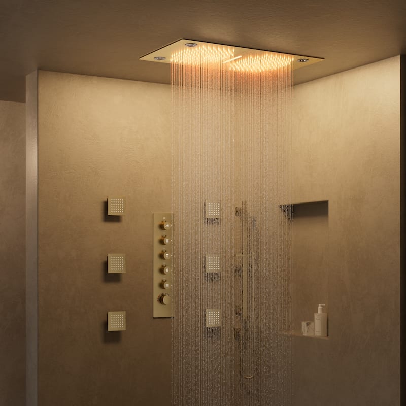 GRANDJOY LUXURY Shower Faucet Set 28"*16" Ceiling Mount Shower Head Body Jets Handheld Spray with Slide Bar LED Music