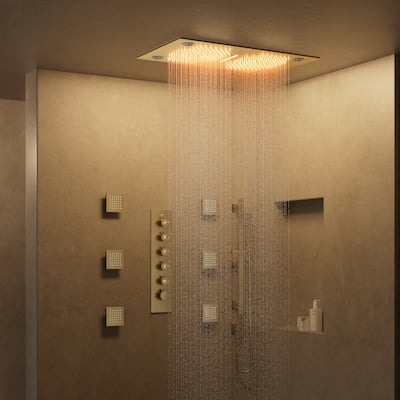 GRANDJOY LUXURY Shower Faucet Set 28"*16" Ceiling Mount Shower Head Body Jets Handheld Spray with Slide Bar LED Music