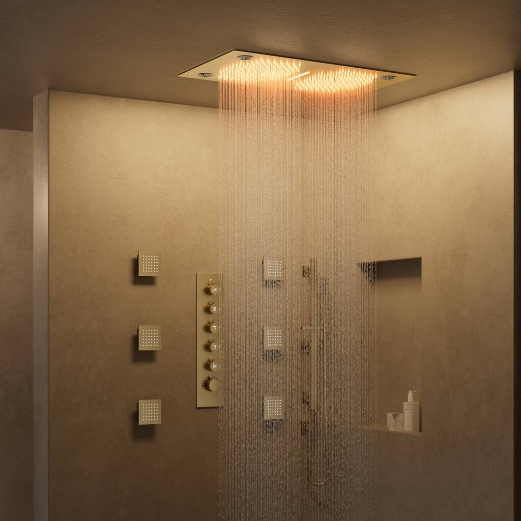 GRANDJOY LUXURY Shower Faucet Set 28"*16" Ceiling Mount Shower Head Body Jets Handheld Spray with Slide Bar LED Music
