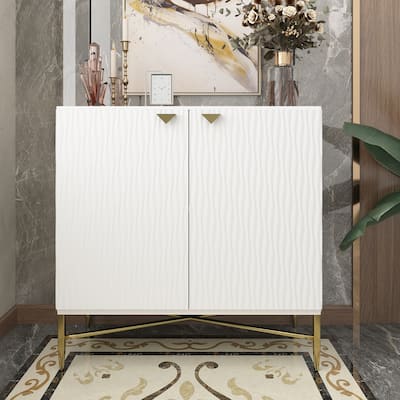 Gloss Door Cabinet-Gold Spindle Legs And Triangular Handles 2 Door White Locker Accent Cabinet