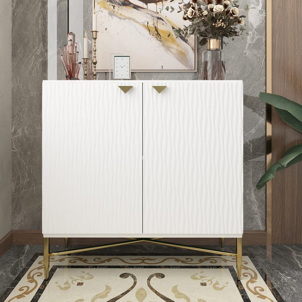 Gloss Door Cabinet-Gold Spindle Legs And Triangular Handles 2 Door White Locker Accent Cabinet
