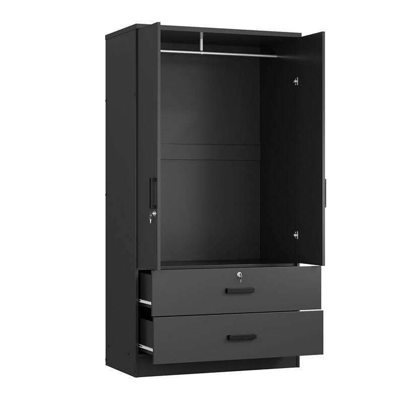Wood Black Wardrobe Closet With 2 Doors And 2 Drawers ,Bedroom Freestanding Armoire Storage Cabinet With Shelves