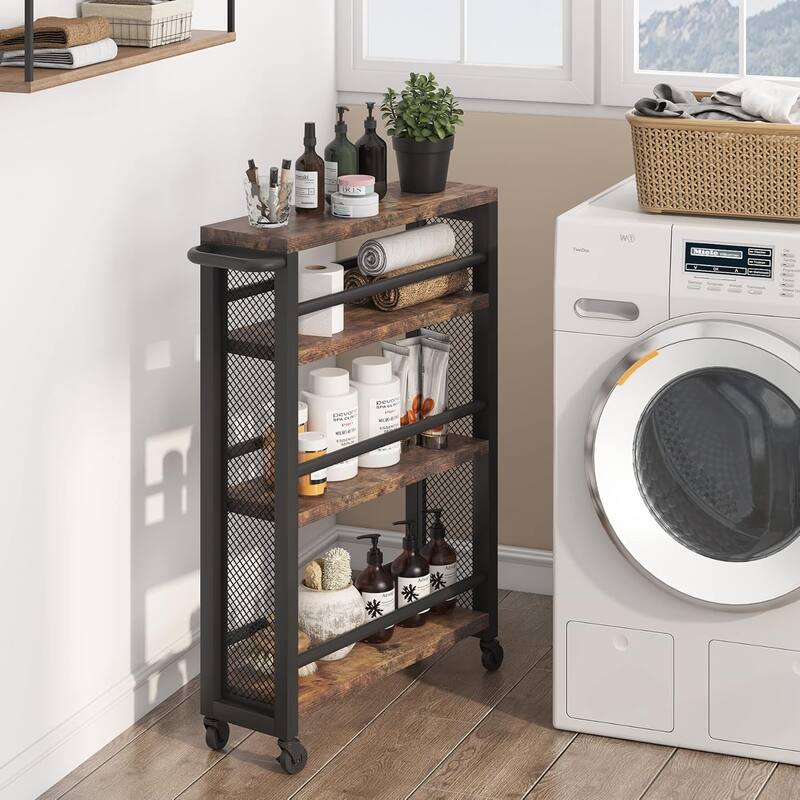 Slim Rolling Utility Carts with Wheels,4-Tier Narrow Kitchen Trolley Cart