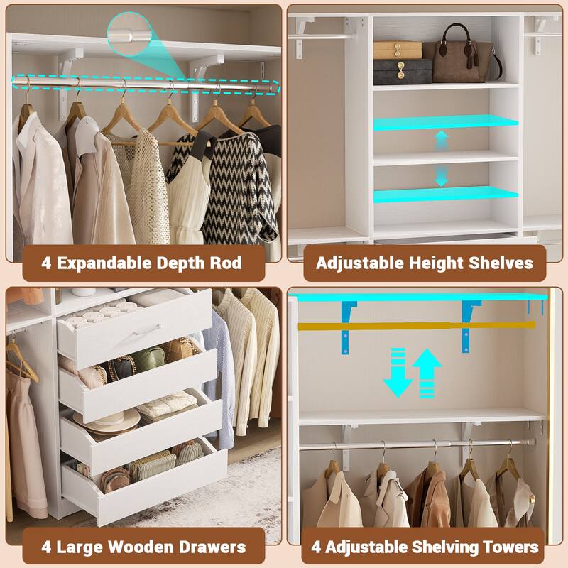 Rackcog 96'' Closet System with 4 Drawers and 4 Hanging Rods, 8FT Wood Closet Organizer for Walk-in Closet