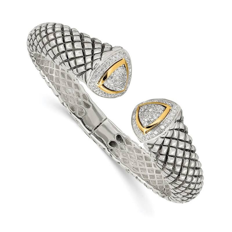 Curata 925 Sterling Silver Hinged Polished Prong set and 14k Yellow Diamond Cuff Stackable Bangle Bracelet