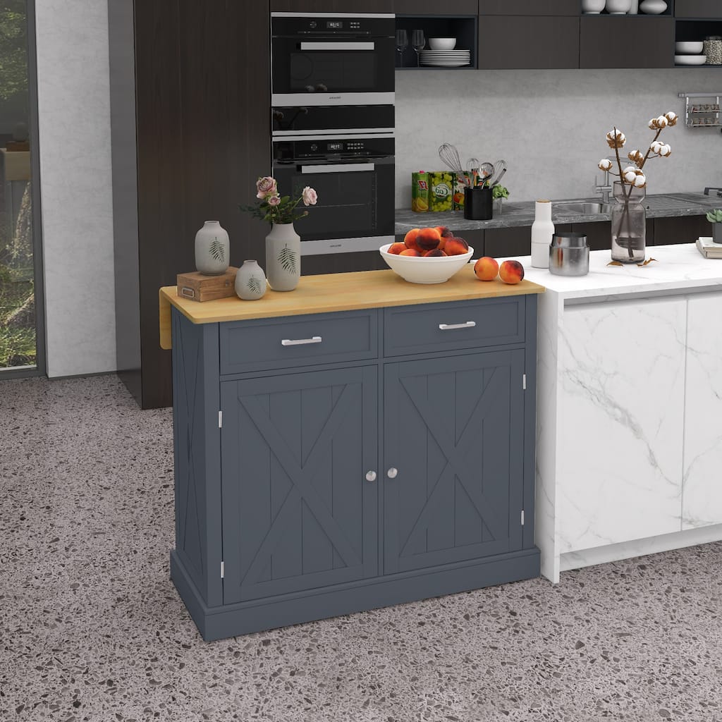 HOMCOM Rolling Kitchen Island with Drop Leaf Wood Breakfast Bar, Farmhouse Kitchen Cart with 2 Drawers, Dark Gray