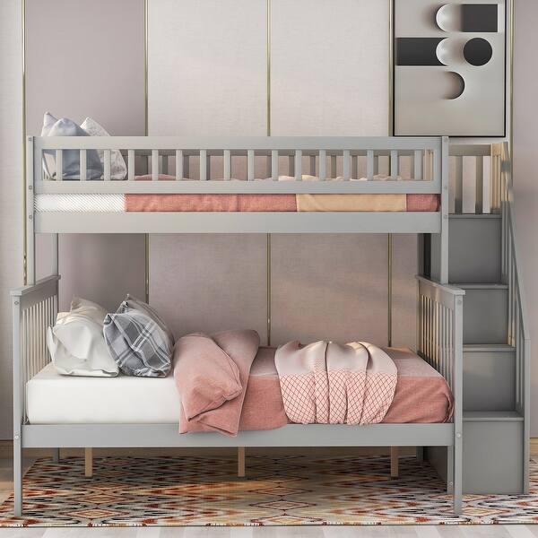 slide 2 of 10, Gray Twin over Full Stairway Bunk Bed with Storage Staircase Gray