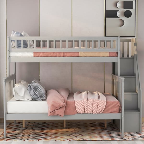slide 2 of 22, Twin Over Full Stairway Bunk Bed with Built-In Storage and Shelves Gray - Twin