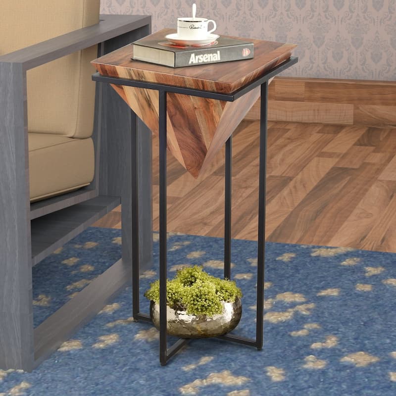 30 Inch Pyramid Shape Wooden Side Table With Cross Metal Base, Brown and Black - 30 H x 15 W x 15 L Inches