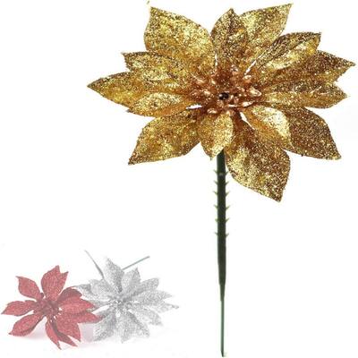 24-Pack Gold Glitter Poinsettia Christmas Tree Picks Decorations