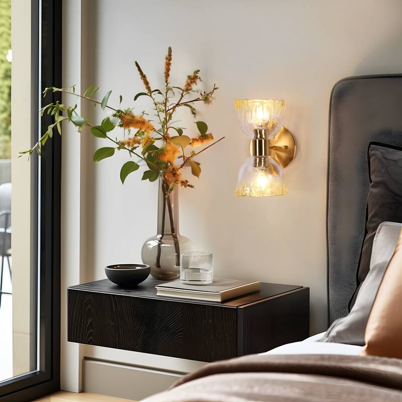 Modern 2-Light Wall Sconce with Gold Colored Glass Bathroom Vanity Lights - D8.2" x H10"