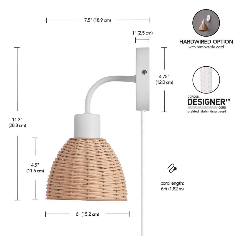 Briar 1-Light Matte White Plug-In or Hardwire Wall Sconce with Rattan Shade - one size