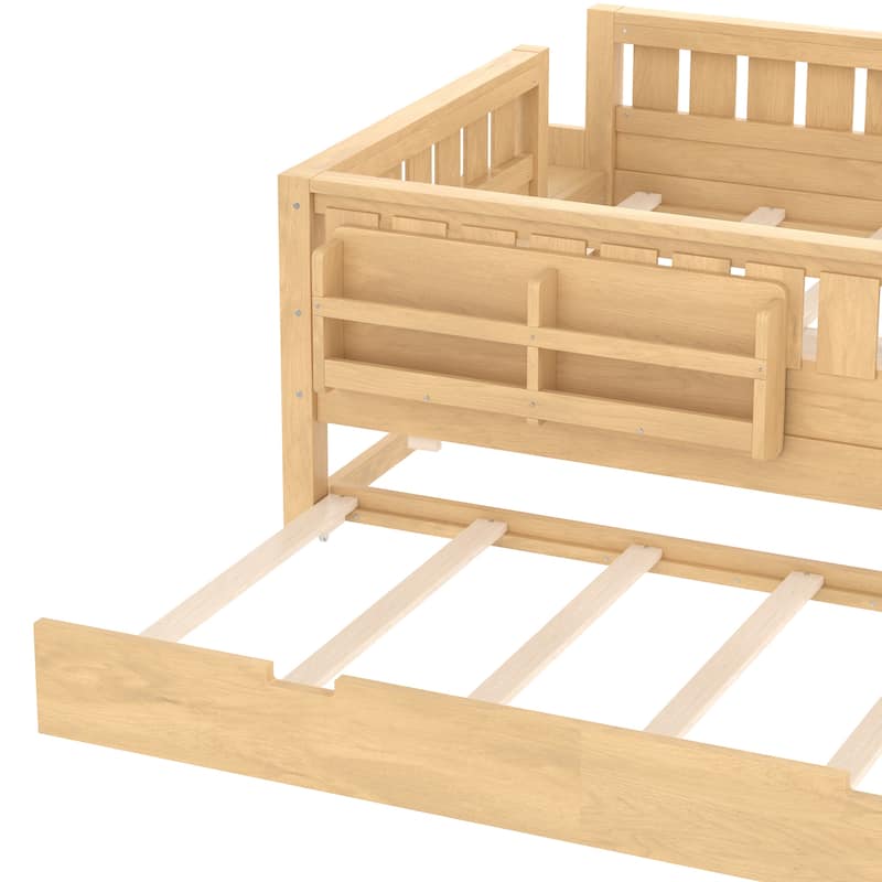 Full/Twin Size Wood Bed with Built-in Bookshelves and Storage Staircase, Safety Rails and Trundle Bed