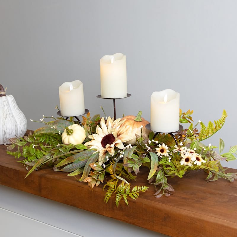 Sunflower and Pumpkins Fall Harvest Triple Candle Holder - 28"