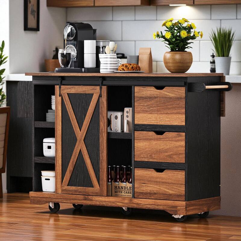 55.5" Farmhouse Kitchen Island with Drop Leaf, Barn Door, Power Outlet, Drawers & Shelves, Rolling Cart on Wheels