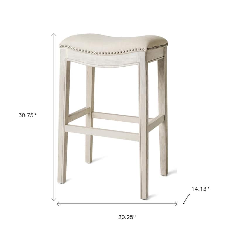 HomeRoots 31" Bone and Antiqued White Fabric and Solid Wood Backless Bar Height Bar Chair