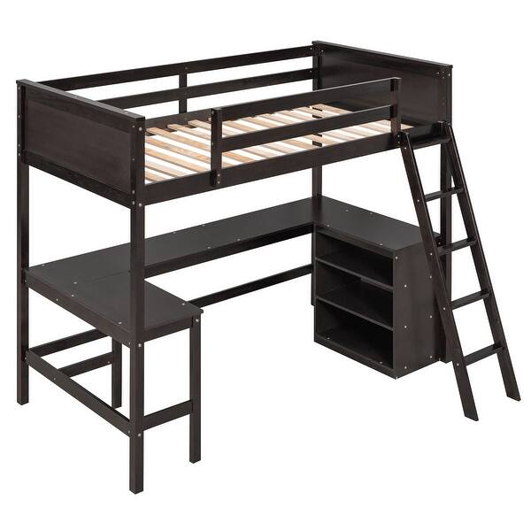 slide 2 of 18, Muti-functional Twin Size Wood Loft Bed with Shelves and Desk,Solid Wood Frame Espresso