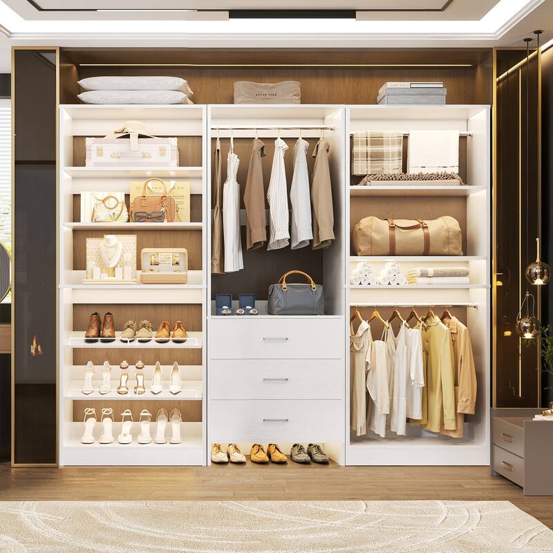 Set of 3 Closet Organizer with Drawers and Shoe Rack, Freestanding Closet System for Bedroom or Walk-in Closet - White