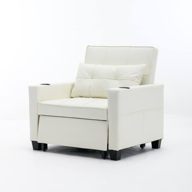 Leather Futon Armchair Bed with USB, Cup Holders & 3-Position Backrest